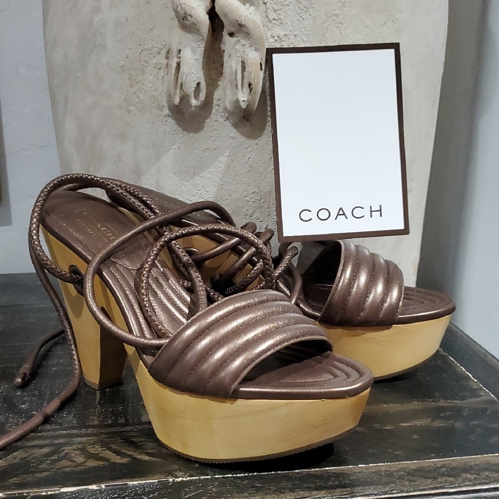 Coach Juliette Metallic Brown Platform Heels Chunky Mobwife Sandal Strap Shimmer